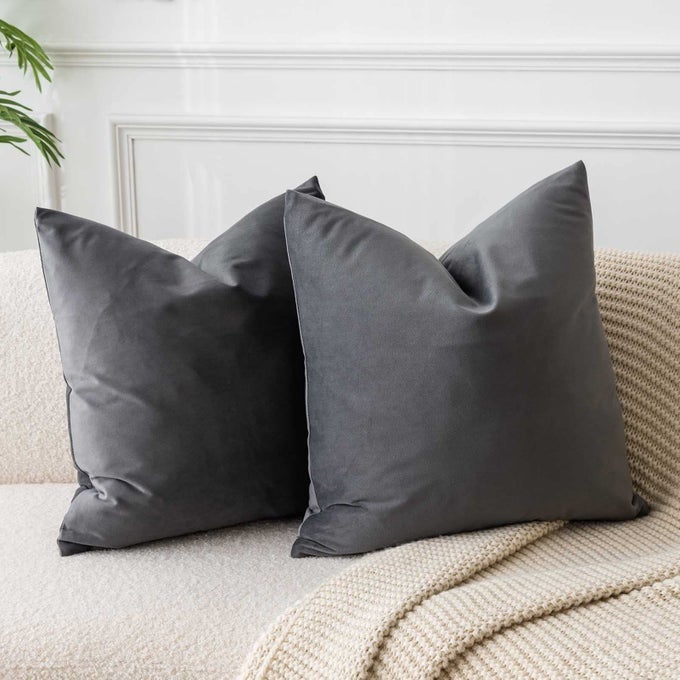 DARK GREY VELVET THROW PILLOW COVERS 20X20 INCH SET OF 2 FOR LIVING ROOM COUCH SOFA BEDROOM DECORATIVE SQUARE SOLID SOFT CUSHION CASES WITH INVISIBLE ZIPPER