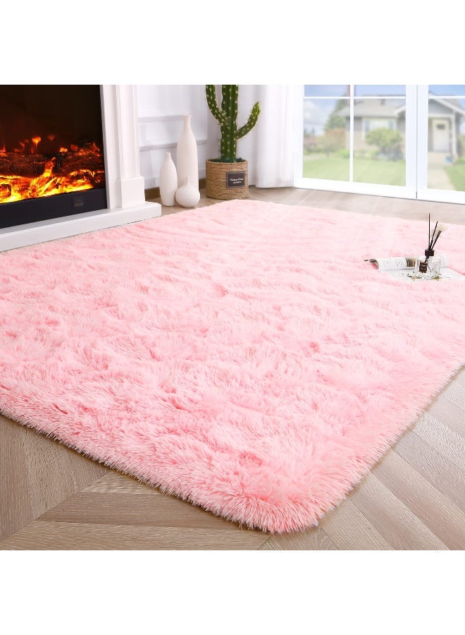 Noahas Fluffy 4x5.3 Pink Rugs for Bedroom Girls,Shaggy Kids Rug,Thick Shag Throw Floor Carpet,Soft Non-Slip Dorm Nursery Area Rugs for Living Room Home Decor Aesthetic - Image 1