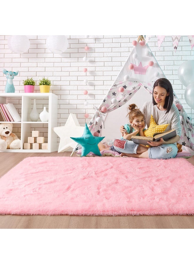 Noahas Fluffy 4x5.3 Pink Rugs for Bedroom Girls,Shaggy Kids Rug,Thick Shag Throw Floor Carpet,Soft Non-Slip Dorm Nursery Area Rugs for Living Room Home Decor Aesthetic - Image 2