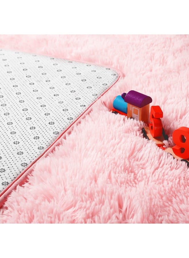 Noahas Fluffy 4x5.3 Pink Rugs for Bedroom Girls,Shaggy Kids Rug,Thick Shag Throw Floor Carpet,Soft Non-Slip Dorm Nursery Area Rugs for Living Room Home Decor Aesthetic - Image 4