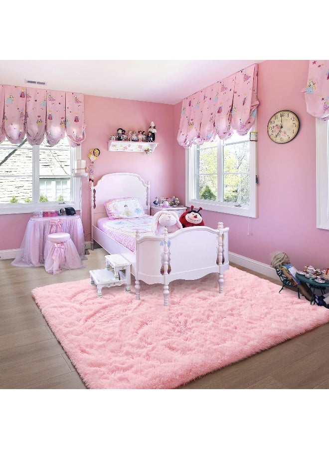 Noahas Fluffy 4x5.3 Pink Rugs for Bedroom Girls,Shaggy Kids Rug,Thick Shag Throw Floor Carpet,Soft Non-Slip Dorm Nursery Area Rugs for Living Room Home Decor Aesthetic - Image 3