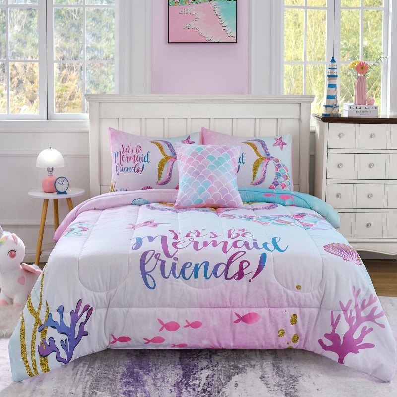 Cokouchyi Twin Size Comforter Set for Girls 5Piece Bed in a Bag 3D Colorful Mermaid Bedding Comforter Sheet Set Ultra Soft and Fluffy Mermaid
