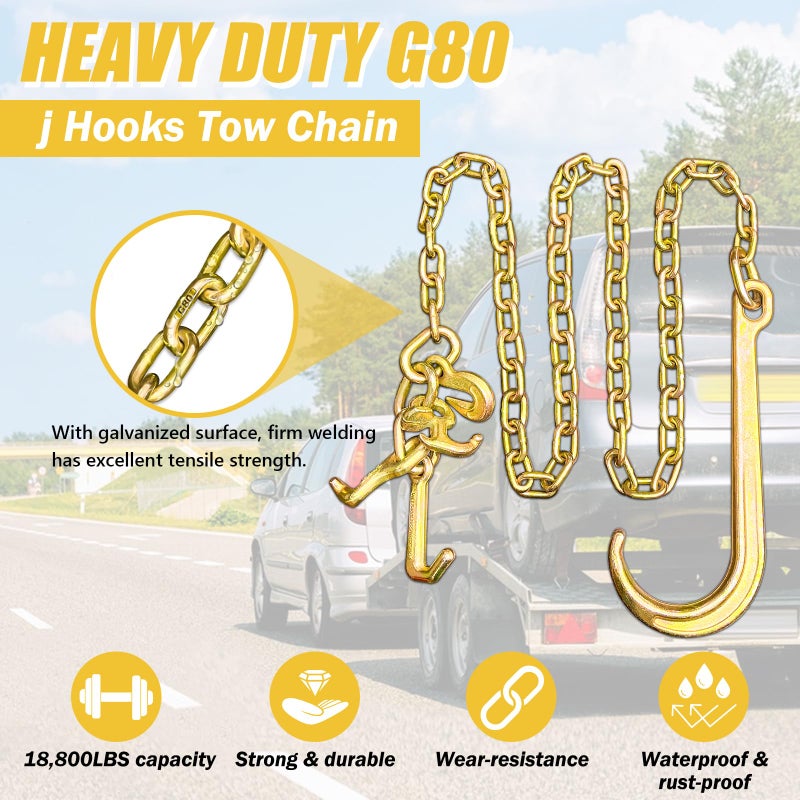 SENKEYFE G80 j Hooks Tow Chain, 5/16" x 8' Recovery Tow Hooks Chain 15IN J Hook w/RTJ & Grab Hook, 18800LBS Tow Truck Accessories J Hooks, Bridle Tow Transport Chain, Wrecker Towing Truck Equipment - Image 5