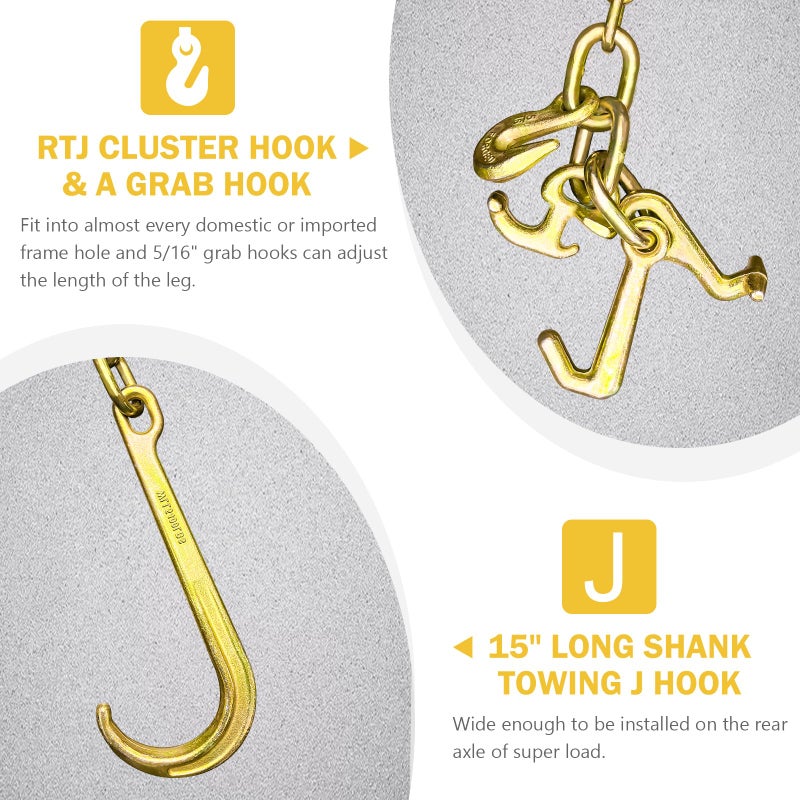 SENKEYFE G80 j Hooks Tow Chain, 5/16" x 8' Recovery Tow Hooks Chain 15IN J Hook w/RTJ & Grab Hook, 18800LBS Tow Truck Accessories J Hooks, Bridle Tow Transport Chain, Wrecker Towing Truck Equipment - Image 3