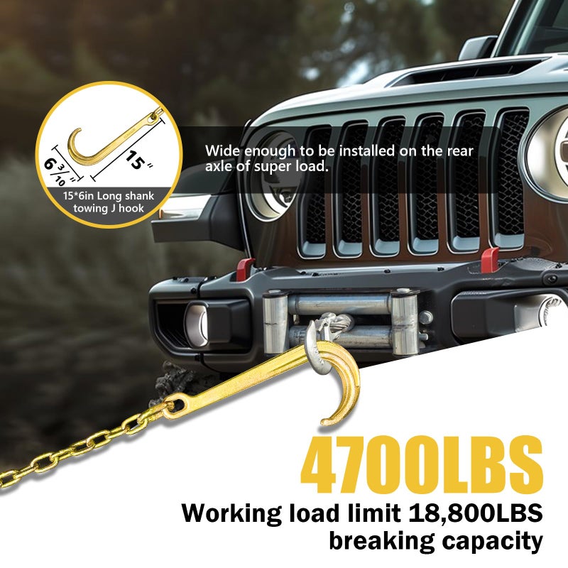 SENKEYFE G80 j Hooks Tow Chain, 5/16" x 8' Recovery Tow Hooks Chain 15IN J Hook w/RTJ & Grab Hook, 18800LBS Tow Truck Accessories J Hooks, Bridle Tow Transport Chain, Wrecker Towing Truck Equipment - Image 4
