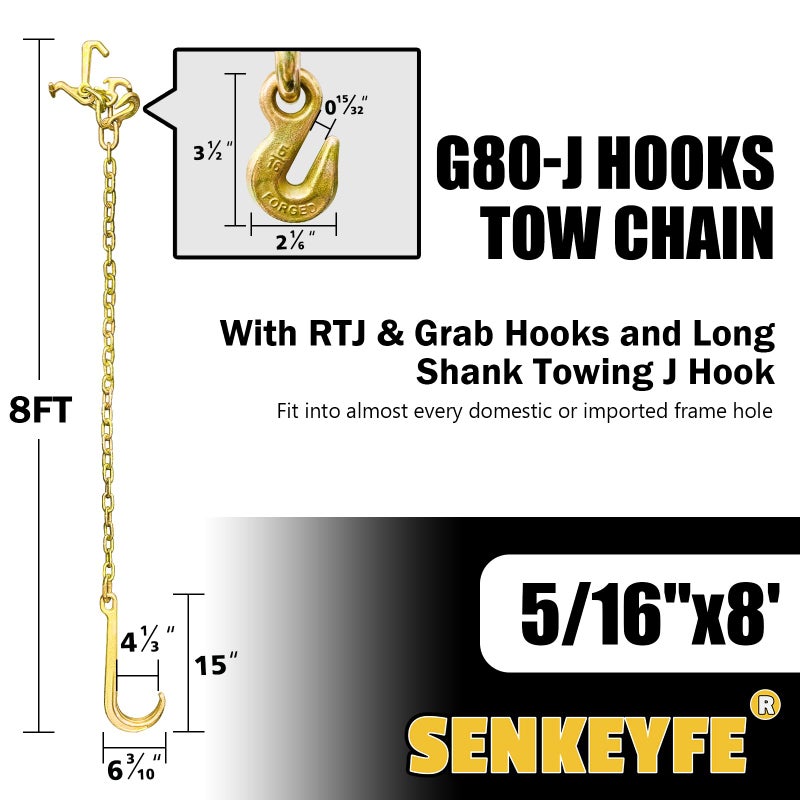 SENKEYFE G80 j Hooks Tow Chain, 5/16" x 8' Recovery Tow Hooks Chain 15IN J Hook w/RTJ & Grab Hook, 18800LBS Tow Truck Accessories J Hooks, Bridle Tow Transport Chain, Wrecker Towing Truck Equipment - Image 2