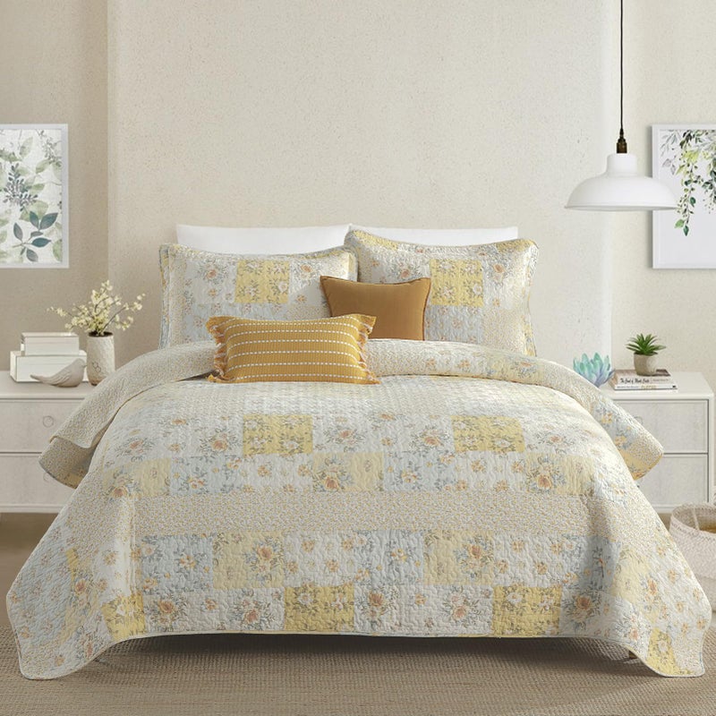 SahSahCasa 120x120 100 Cotton Oversized California King Bedspread Coverlet Quilt Set Cal King Quilted Bedspread Extra Large Quilt Floral XL Bed Spread Lightweight Comforter 3pc Yellow