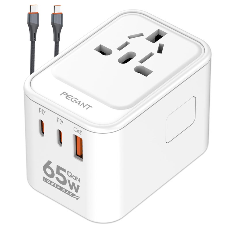 PEGANT محول سفر 65 واط GaN مع مقبس عالمي 2 USBC PD 30 1 USBA QC 30 شاحن حائط سريع مع مقابس أمريكية وبريطانية وأوروبية وأسترالية محول طاقة دولي لجهاز MacBook و iPhone و Samsung