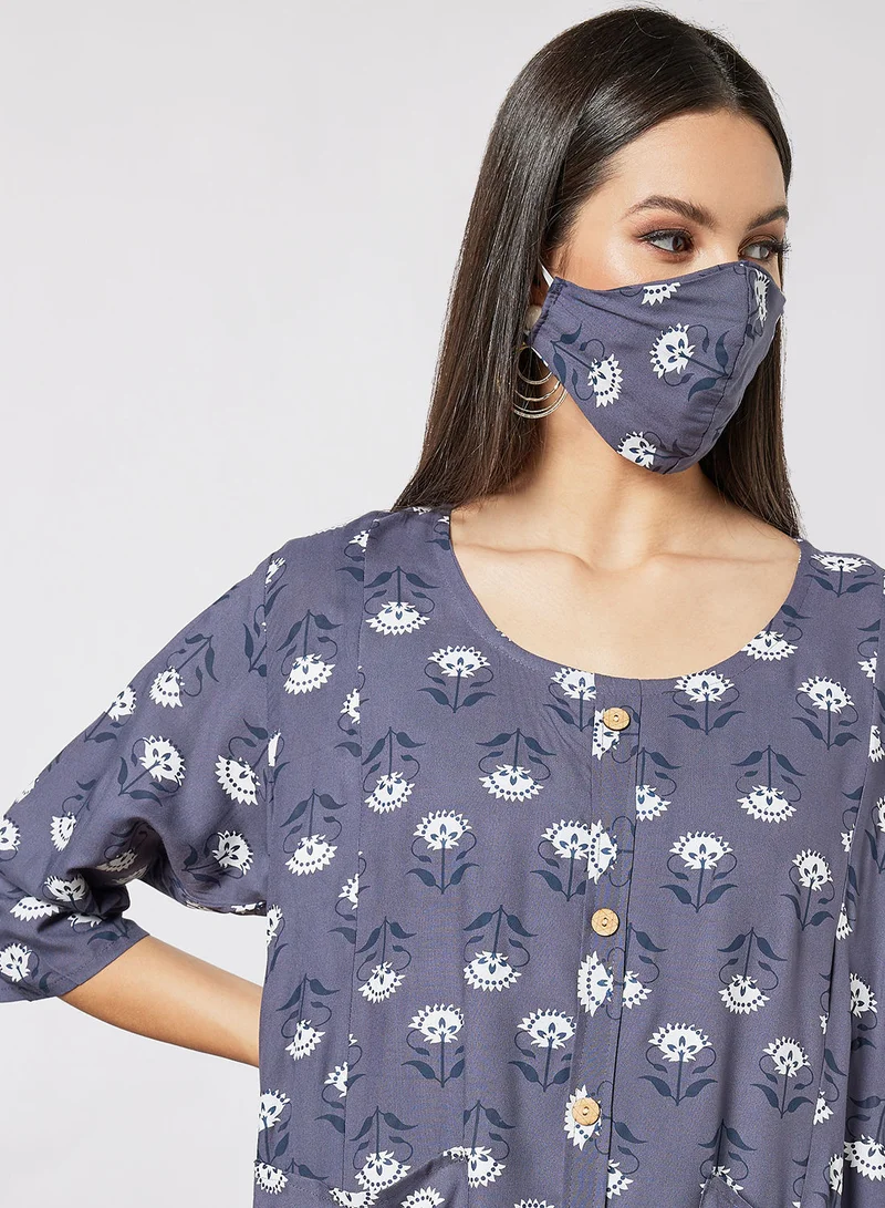 HANA & SARA All Over Printed Round Neck Jalabiya With Facemask