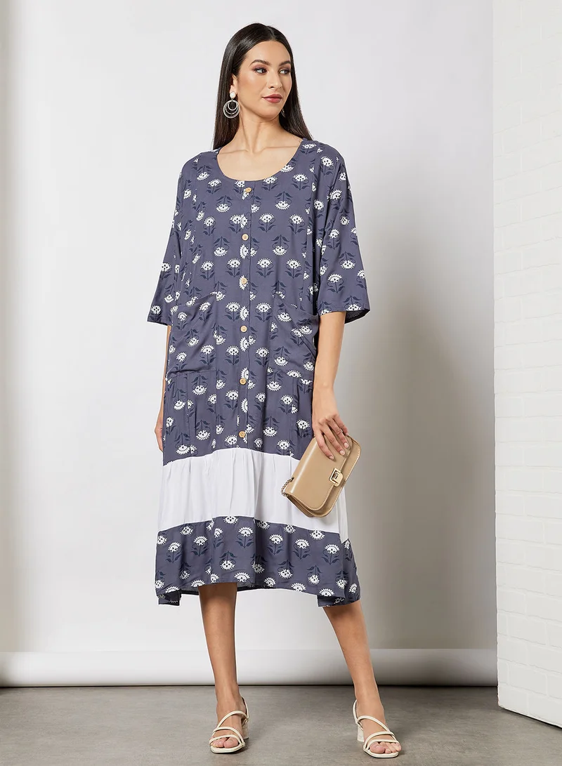 HANA & SARA All Over Printed Round Neck Jalabiya With Facemask