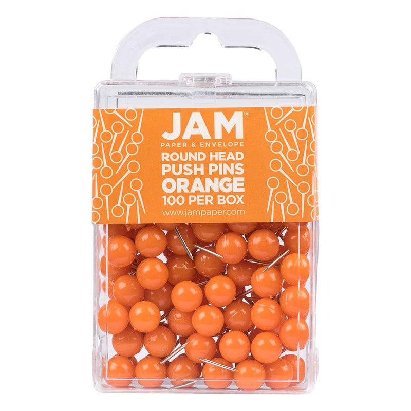 JAM PAPER Colorful Push Pins  Round Head Map Thumb Tacks  Orange Pushpins  100Pack