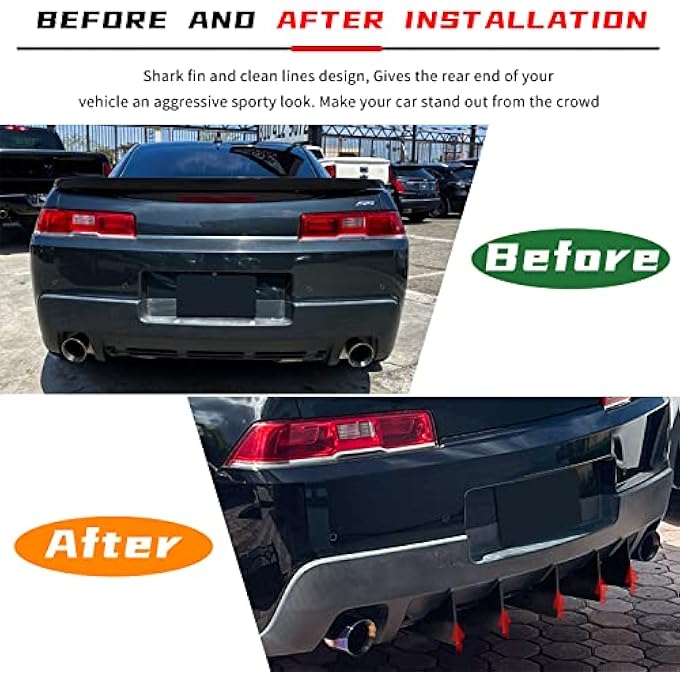 Sunluway For Camaro 5Th Gen Rear Diffuser Set V1 2014-2015, 5 Fins Shark Fin Kit,Car Bumper (Black) - Image 4