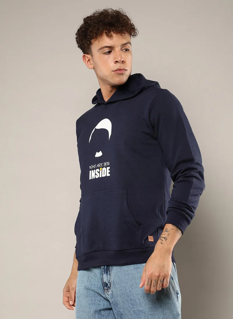 كامبوس سوترا Men's Navy Blue Who Are You Inside Hoodie With Kangaroo Pocket