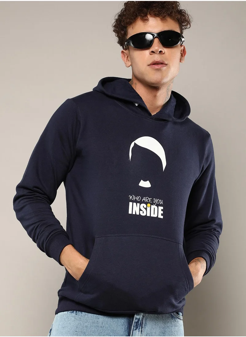 كامبوس سوترا Men's Navy Blue Who Are You Inside Hoodie With Kangaroo Pocket