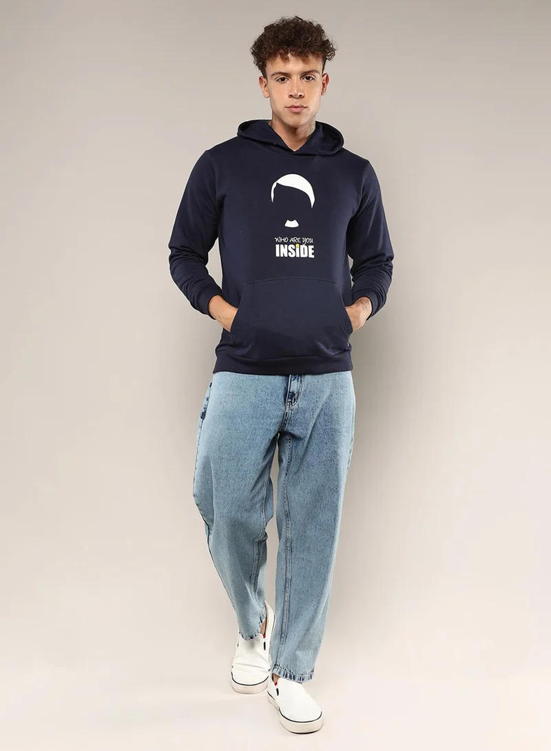 كامبوس سوترا Men's Navy Blue Who Are You Inside Hoodie With Kangaroo Pocket