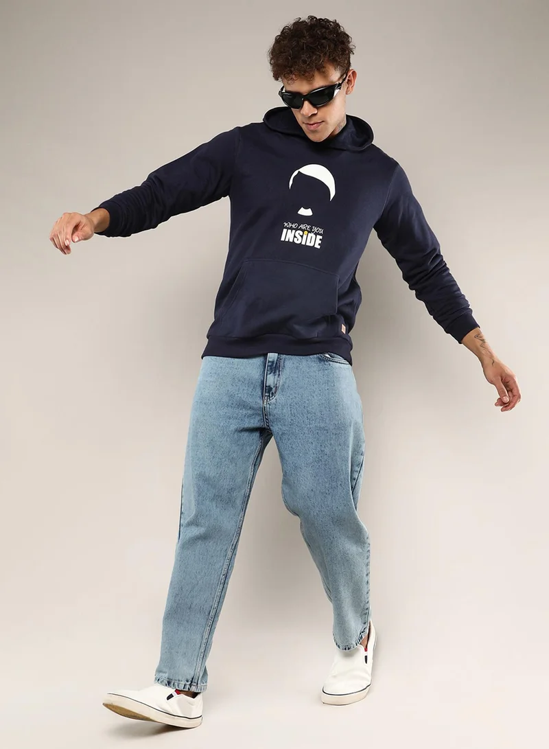 كامبوس سوترا Men's Navy Blue Who Are You Inside Hoodie With Kangaroo Pocket