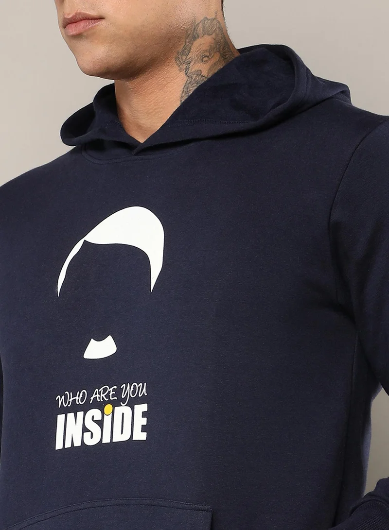 كامبوس سوترا Men's Navy Blue Who Are You Inside Hoodie With Kangaroo Pocket