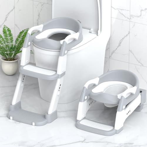 Jabaka Circle Potty Training Seat, Toddler Potty Training Toilet with Step Stool Ladder for Kids Boys Girls, 3 in 1 Foldable Toilet Seat Potty Chair with Urinals, Splash Guard, Handles, Anti-Slip Pad,Grey - Image 1
