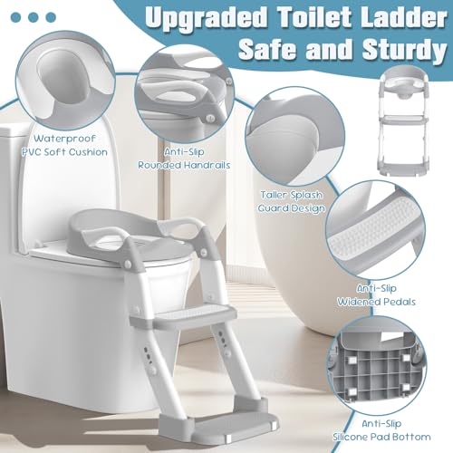 Jabaka Circle Potty Training Seat, Toddler Potty Training Toilet with Step Stool Ladder for Kids Boys Girls, 3 in 1 Foldable Toilet Seat Potty Chair with Urinals, Splash Guard, Handles, Anti-Slip Pad,Grey - Image 3