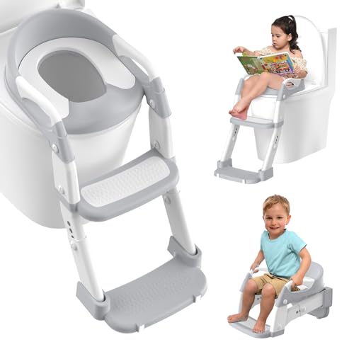 Jabaka Circle Potty Training Seat, Toddler Potty Training Toilet with Step Stool Ladder for Kids Boys Girls, 3 in 1 Foldable Toilet Seat Potty Chair with Urinals, Splash Guard, Handles, Anti-Slip Pad,Grey - Image 2