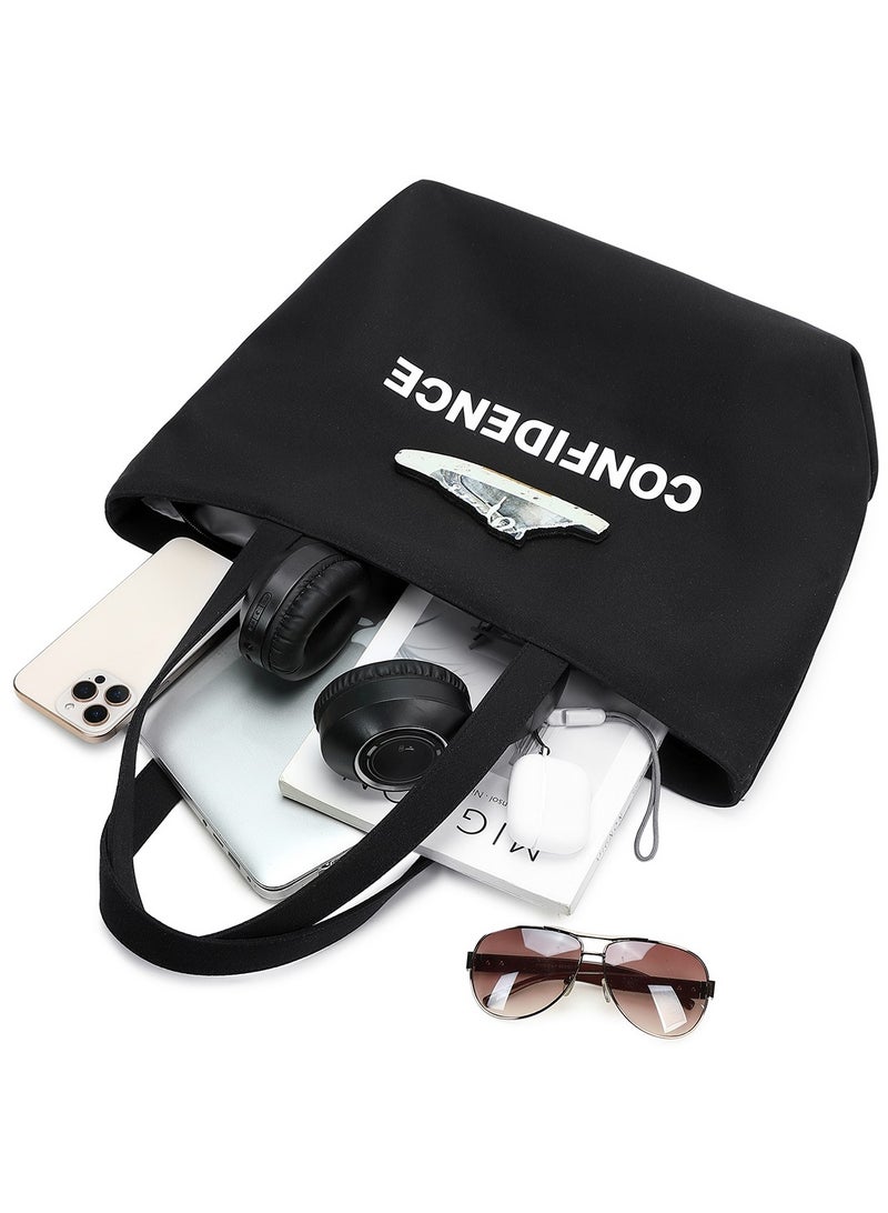 D031 شنطة يد قماش نسائية حقيبة تسوق متعددة الاستخدام شاطئ سفر تسوق ذات جودة عالية - اسود - Image 3