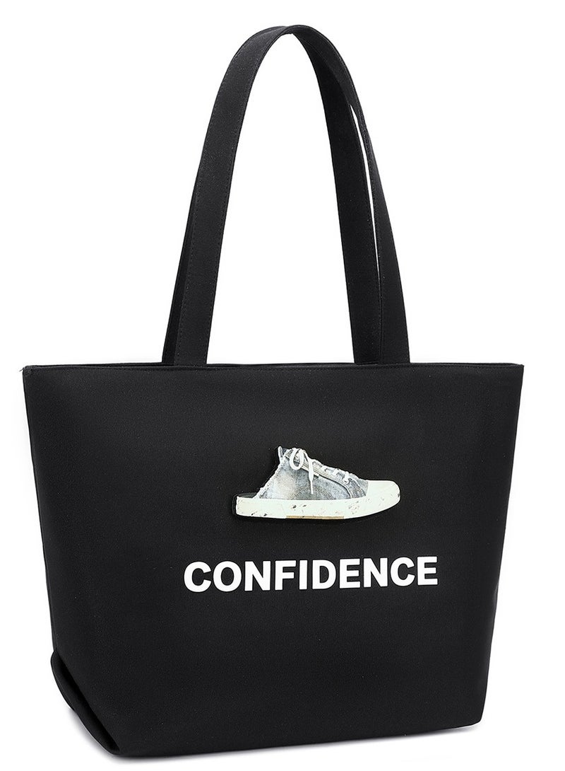 D031 شنطة يد قماش نسائية حقيبة تسوق متعددة الاستخدام شاطئ سفر تسوق ذات جودة عالية - اسود - Image 4