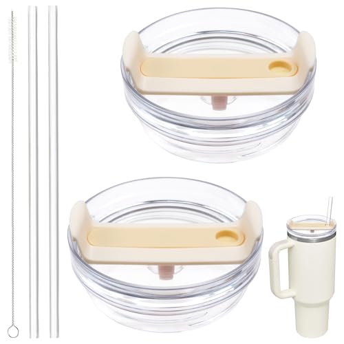 TiciKim 40oz Tumbler Lid Compatible for Stanley, 2 Pack Replacement Tumbler Lids Fit for Stanley Quencher 2.0 Tumbler 40 OZ, with Straws and Cleaning Brush (Cream) - Image 1