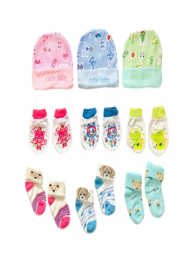 Freshfoot Cute and Colourful New Born Baby socks Set 0 to 12 months, Combo set-3 Pairs socks, 3 Pairs Head-caps, 3 pairs hand gloves/Mittens (Size 0-12 Months)(Pack of 9) Multi-colored (9) - Image 1