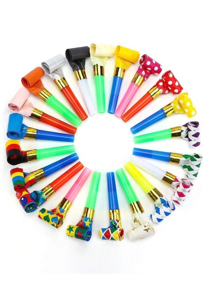 Colored paper blowing whistles for birthday, graduation and new baby parties. Expanding blowing whistles, 25 colorful pieces. - Image 1