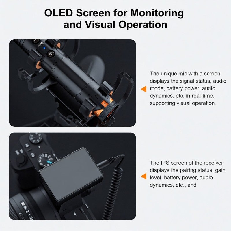 COMICA VM30 2.4G Camera Microphone Cardioid Condenser Mic System with 3.5mm Port OLED Screen Support Wired/Wireless Dual Modes Real-time Monitoring with Receiver Anti-Shock Mount & Wind Muff - Image 5