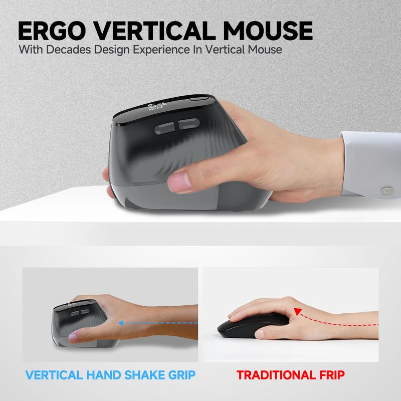 Eelexa New Dual Mode Ergonomic Mouse, Rechargeable Bluetooth Vertical Ergo Mouse Wireless 5 Adjustable DPI, Silent 2.4GHz Optical Carpal Tunnel Mouse for Compatible with Laptop, PC(Right Hand) - Image 2