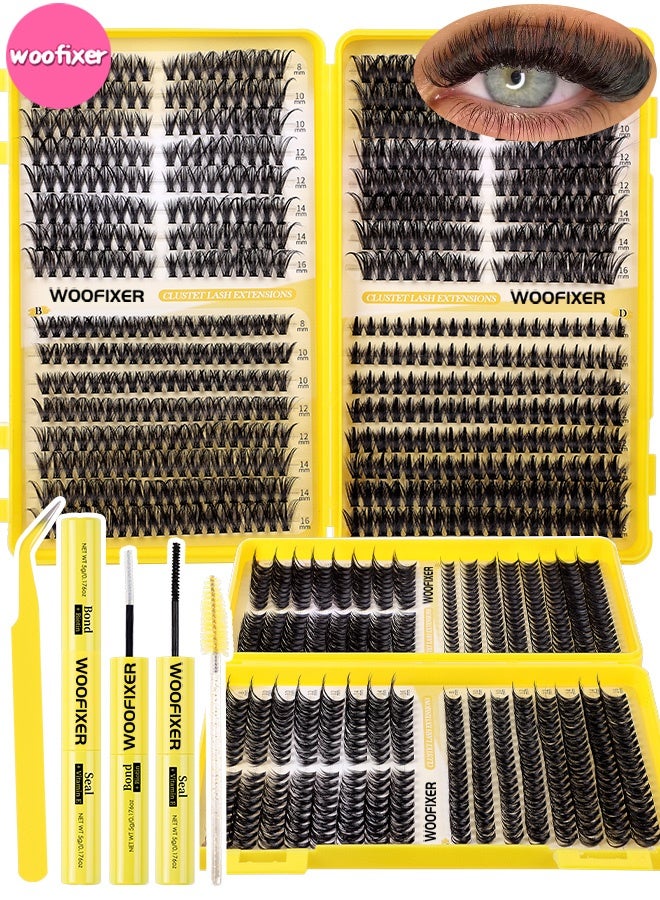 Woofixer 608 Pcs Lash Clusters, Lash Adhesive Glue & Lash Tweezer Set Eyelash Extensions Wispy False Eyelashes Lash Clusters DIY Eyelash Extensions Individual False Eyelashes for Women D-Curl Perfection for Your Eyes! - Image 1