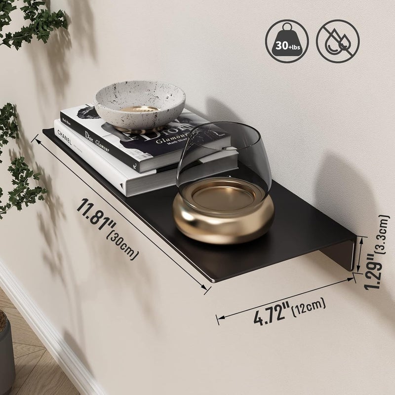 Danpoo Wall Shelving Solution, Metal Wall Shelf, Black Floating Shelf for wall, Small Bathroom Shelf, Shower Organizer, Aluminum, Wall Mounted With Screws Or Glue (12 inch) - Image 3