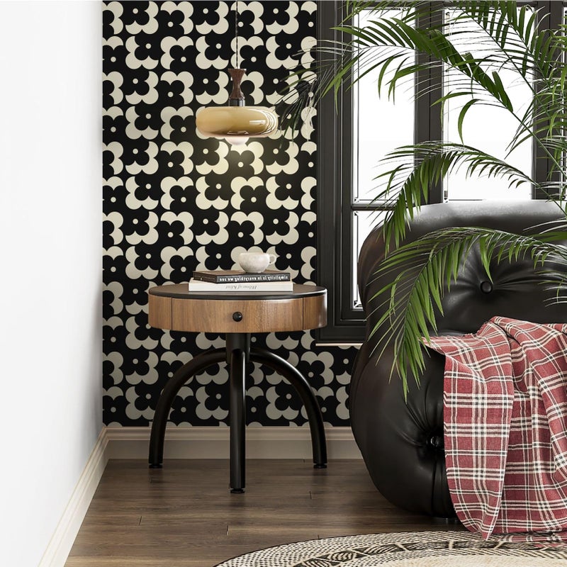 Ismoon Geometric Peel and Stick Wallpaper Boho Black and Beige Contact Paper 118"x17.3" Vintage Floral Wallpaper Removable Self-Adhesive Wall Paper Waterproof for Bathroom Wall Decor Vinyl - Image 2