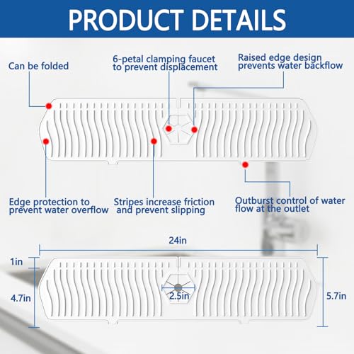 EBIGIC Kitchen Sink Splash Guard-24 x 5.8'' Ultrathin Silicone Sink Mat Splash Guard fit for Countertop, Bathroom,Farmhouse,RV (White) - Image 2