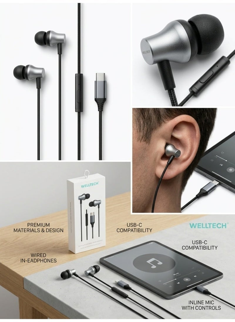 WELLTECH Wired Type C Earphones with Mic Clear Voice Calling USB C Headphones Noise Isolation Metal In Ear Headset for Android Samsung Gaming Meetings WELLTECH METAL30 - Image 4