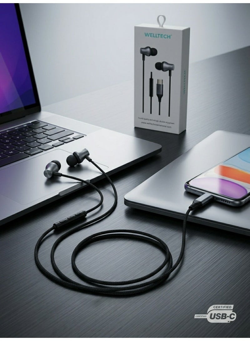 WELLTECH Wired Type C Earphones with Mic Clear Voice Calling USB C Headphones Noise Isolation Metal In Ear Headset for Android Samsung Gaming Meetings WELLTECH METAL30 - Image 5
