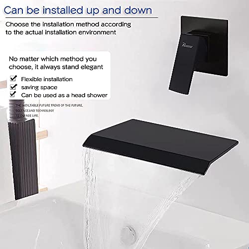 PHASAT Wall Mounted Waterfall Tub Faucet,Brass Waterfall Bathtub Faucet Tub Spout for Bathroom,High Flow Wall Mount Tub Filler Matte Black PTBB02E - Image 2