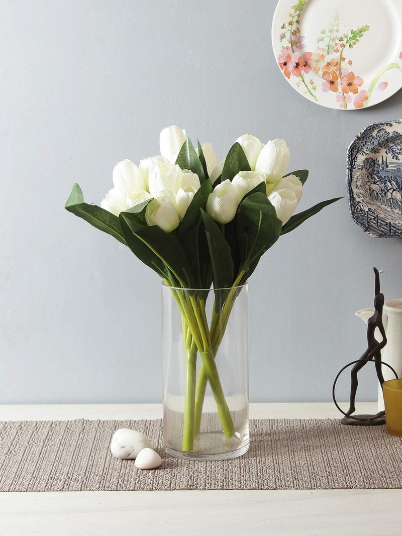 Fourwalls Beautiful Decorative Artificial Tulip Flower Bunch for Home dcor 40 cm Tall 9 Heads Set of 3 WhiteGreen - Image 1