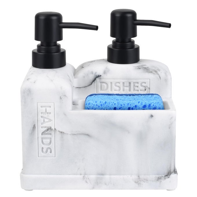 KITCHEN HAND SOAP AND DISH SOAP DISPENSER SETDUAL SOAP DISPENSER WITH SPONGE HOLDER 3IN1 ORGANIZER FOR KITCHEN SINKBATHROOMUSEFUL KITCHEN GADGETS WHITE MARBLE LOOK