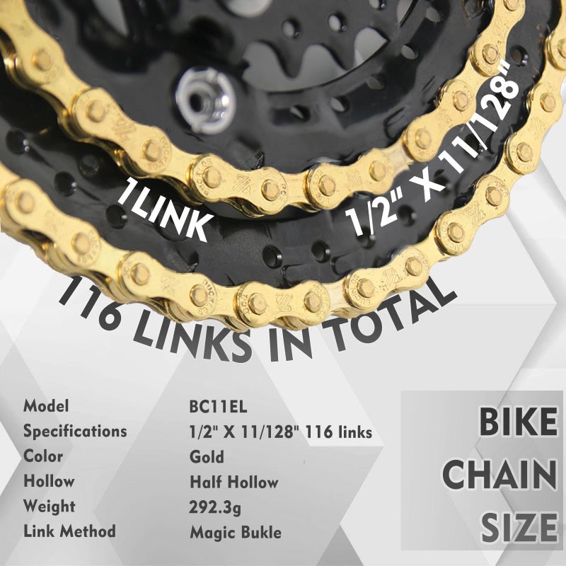 BUCKLOS 6/7/8/9/10/11/12 Speed Bike Chain,Bicycle Chain for Road Bike/E-Bike/Mountain Bike/MTB/Shimano SRAM,Half/Full Hollow Bike Chain Silver/Gold 1/2 x 11/128 Inch 116 Links with Quick Link - Image 4
