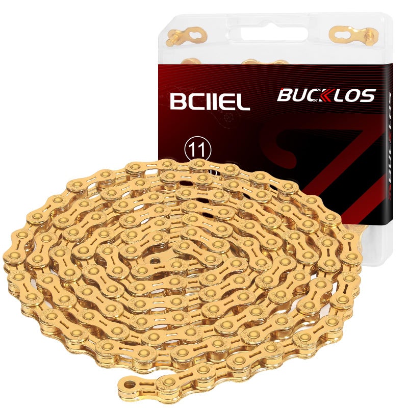 BUCKLOS 6/7/8/9/10/11/12 Speed Bike Chain,Bicycle Chain for Road Bike/E-Bike/Mountain Bike/MTB/Shimano SRAM,Half/Full Hollow Bike Chain Silver/Gold 1/2 x 11/128 Inch 116 Links with Quick Link - Image 1