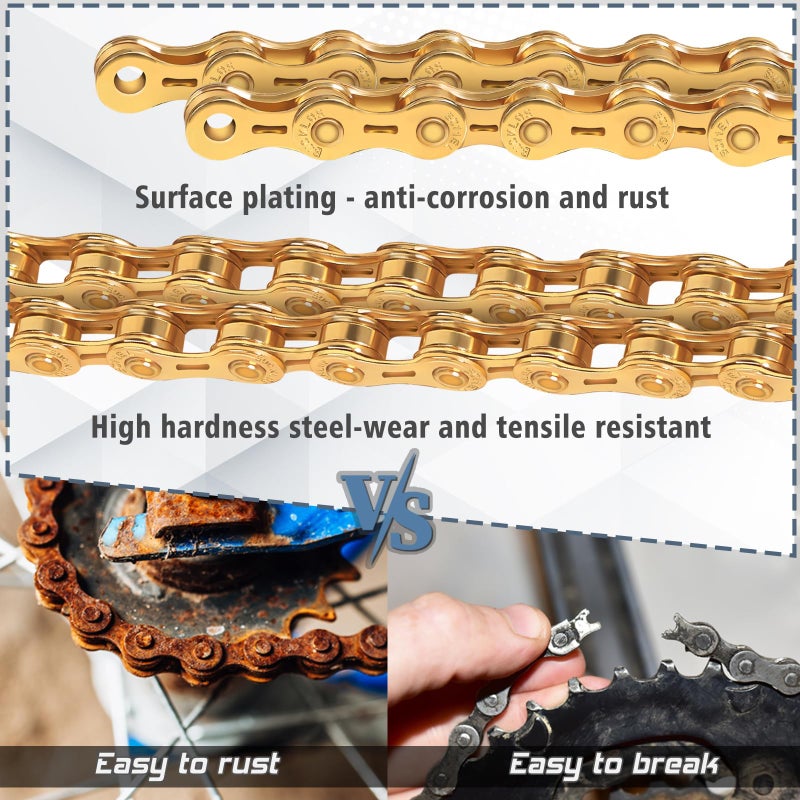 BUCKLOS 6/7/8/9/10/11/12 Speed Bike Chain,Bicycle Chain for Road Bike/E-Bike/Mountain Bike/MTB/Shimano SRAM,Half/Full Hollow Bike Chain Silver/Gold 1/2 x 11/128 Inch 116 Links with Quick Link - Image 2