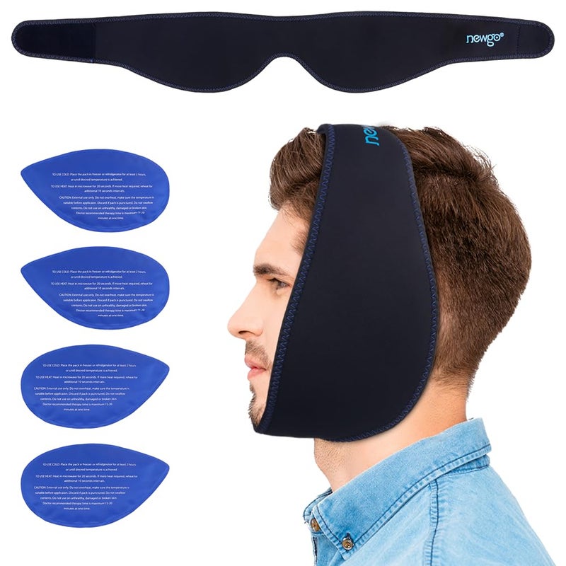 NEWGO Wisdom Teeth Ice Pack Head Wrap for Face Oral Surgery FSA or HSA Eligible Jaw Ice Pack for Face with 4 Hot Cold Gel Pack for TMJ Tooth Extraction Tonsillectomy Recovery