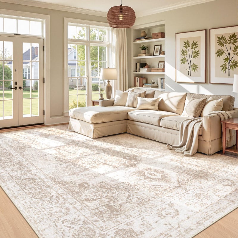Zomfy Area Rug 9x12 Vintage Rug: Large Washable Indoor Medallion Rugs Low Pile Distressed Floor Carpet Retro Accent Rug for Living Room Bedroom Kitchen Dining Table Home Office(Beige, 9'x12') - Image 1
