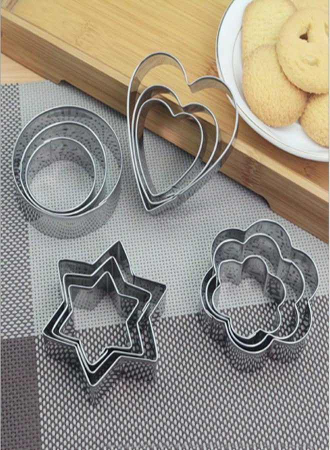 KEXES 12 Pieces Cookie Cutter Set 4 Different Shapes 3 Sizes Stainless Steel Cookie Cutter Stainless Steel Heart Flower Round Star Biscuit Mould Fondant Cutting Cutters Baking Tools for Kitchen - Image 1