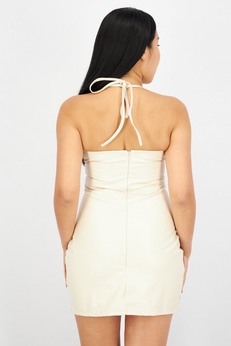 MISSY EMPIRE Women Halter Neck Colorblock  Mini Dress, Beige - Image 2