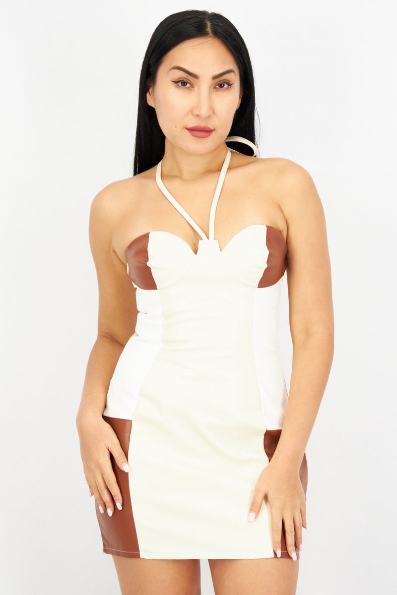 MISSY EMPIRE Women Halter Neck Colorblock  Mini Dress, Beige - Image 1