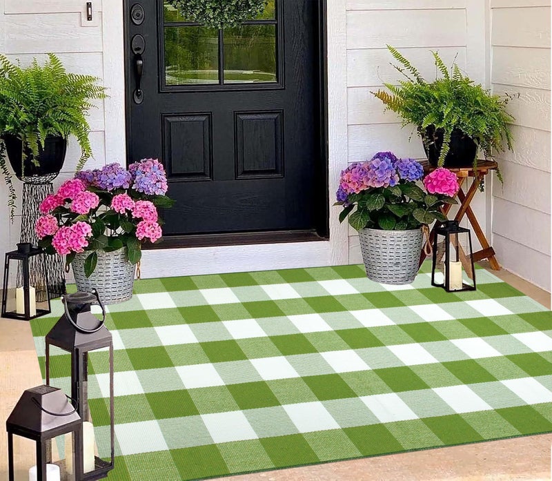 BUAGETUP Front Porch Rug 3'x5'Checkered Green and White Outdoor Rug Farmhouse Layered Doormat Machine Washable Front Door Mat Outdoor for Hello Welcome Mat,Bedroom,Entryway,Patio - Image 5