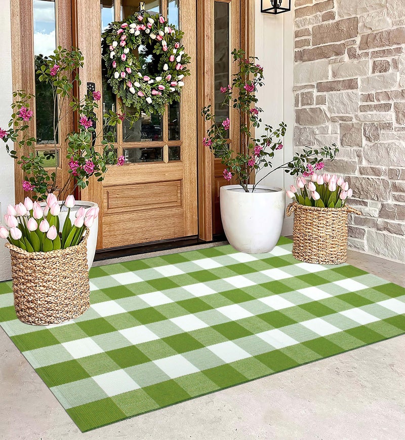 BUAGETUP Front Porch Rug 3'x5'Checkered Green and White Outdoor Rug Farmhouse Layered Doormat Machine Washable Front Door Mat Outdoor for Hello Welcome Mat,Bedroom,Entryway,Patio - Image 1